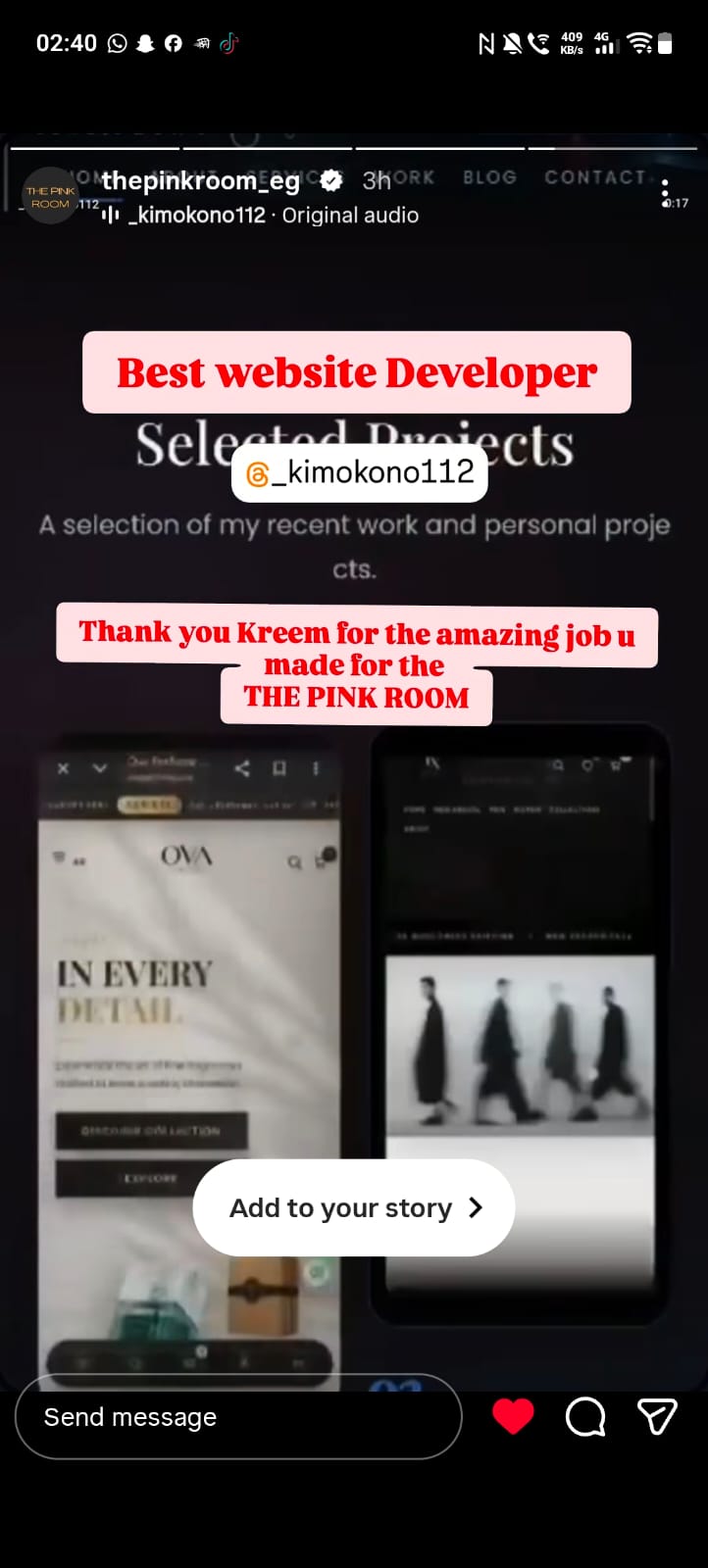 Instagram feedback from The Pink Room thanking Kreem for their website